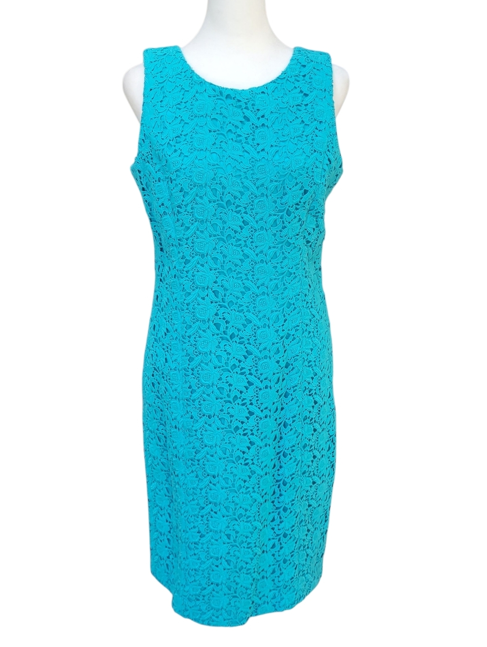 Talbots Turquoise Lace Sheath Dress Sleeveless Knee Length Lined Elegant Size 6 - Picture 2 of 13
